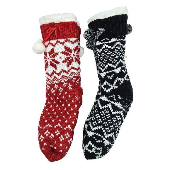 Joy Knit Sherpa Lined Slipper Sock Set Christmas Lounge Grippers Red Snow Black - Picture 2 of 13